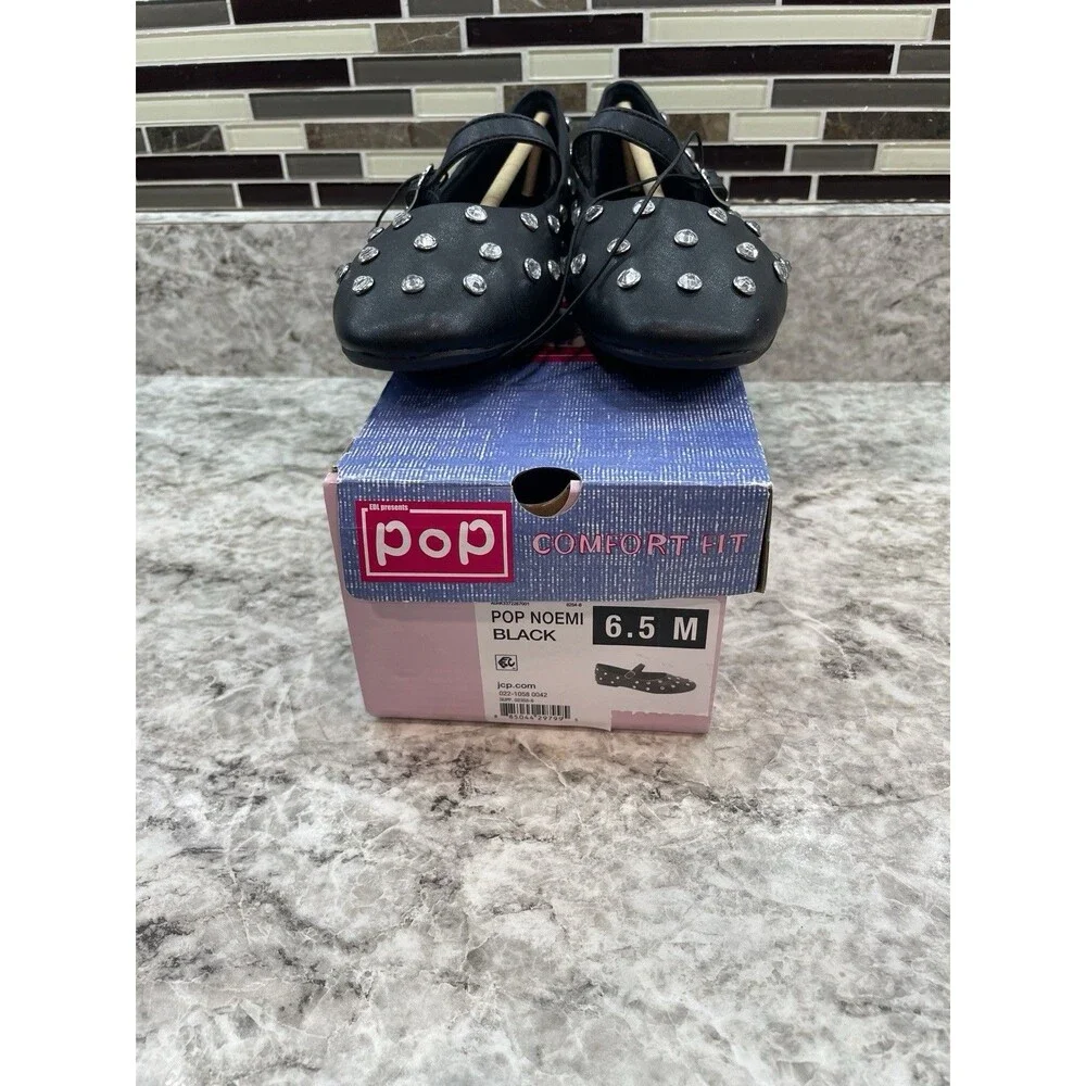 Pop Women's Size 6.5 M, Noemi Casual Ballet Flats, Black, Buckle Gem Accents New